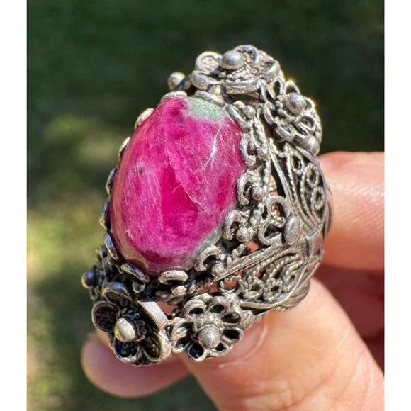 Vintage Sterling Silver Filigree Ring Size 8.5 DGS 925 Turkey Ruby Zoisite Cab